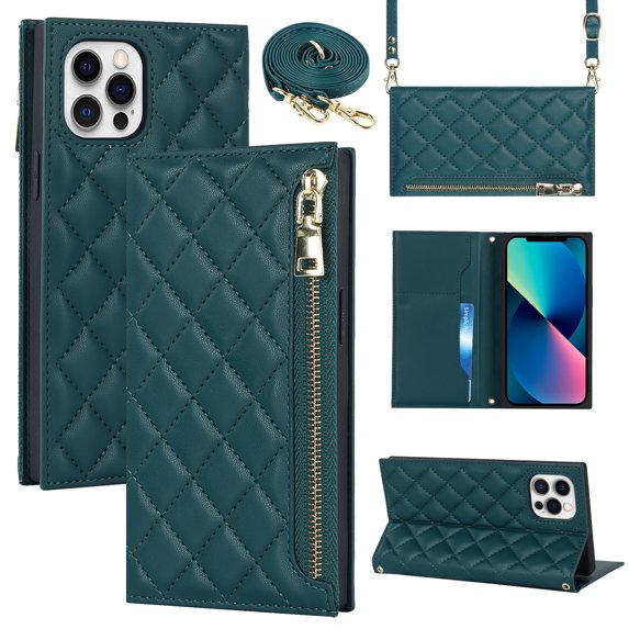 Nalacover Crossbody Wallet Phone Case for iPhone 12 Pro Max,Premium PU Leather Magnetic Closure Flip Stand Card Holder Zipper Pocket Purse Phone Case with Shoulder Strap,Green
