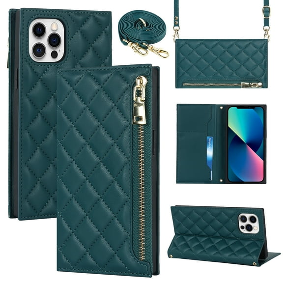 Nalacover Crossbody Wallet Phone Case for iPhone 12 Pro Max,Premium PU Leather Magnetic Closure Flip Stand Card Holder Zipper Pocket Purse Phone Case with Shoulder Strap,Green