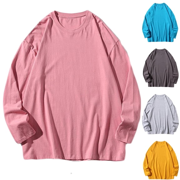 Miluxas Long Sleeve Shirts for Men Casual Round Neck Solid Color Loose T-Shirt Lightweight Pullover Tops Fall Clothes Yellow