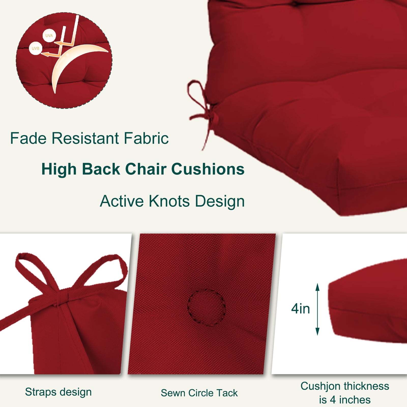 XXLYY Outdoor High Back Chair Cushions 2-Pack, 44”x22”x4” Waterproof Fade-Resistant Cushions with Ties for Adirondack & Rocking Chairs