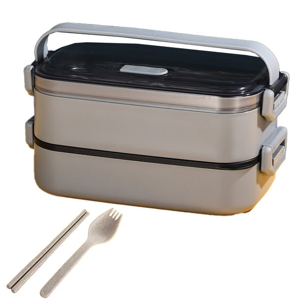 Inteprter Fiambrera de acero inoxidable a prueba de fugas, de 2 capas, apilable, portátil para niños en la escuela. Mostrada gris doble capa