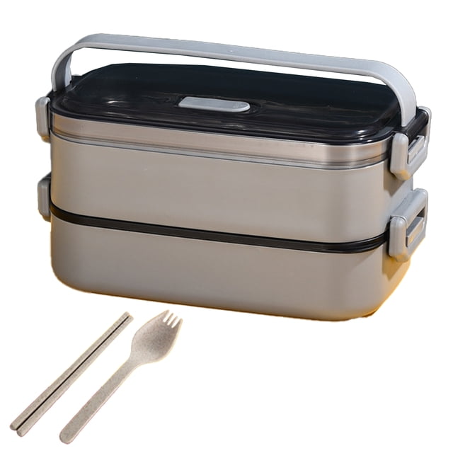Bewildely Fiambrera de acero inoxidable de 2 capas, apilable y hermética, ideal para niños en la escuela. Mostrada gris doble capa