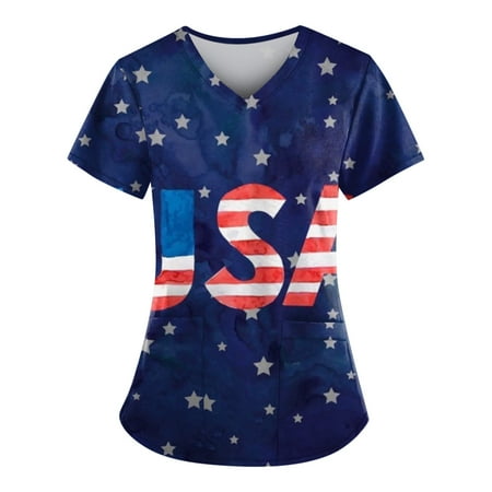 

XHJUN Scrub_Tops for Women Working Uniform Blouse Casual American Flag Printed V-Neck Short Sleeve Tunic Tops with Pockets Navy XXXXL