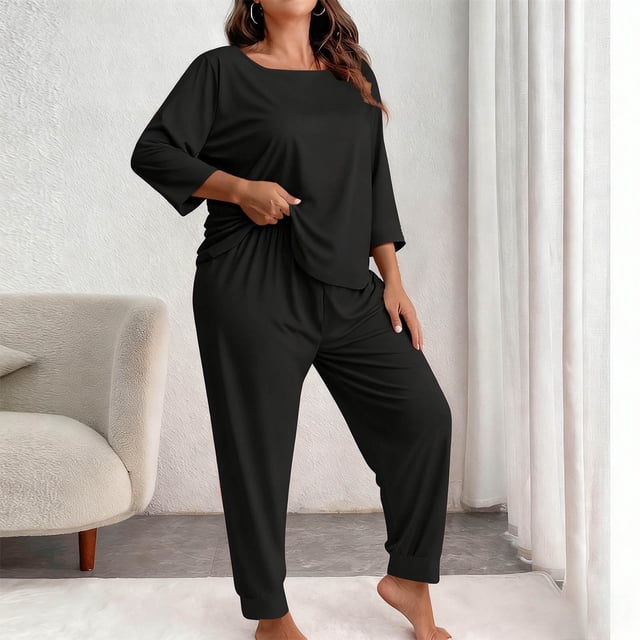 Ounisa Women's Plus Size 2 Piece Outfits Tracksuits Solid Color Short Sleeve Top Pants Sets Fashionable Home Sweatsuit