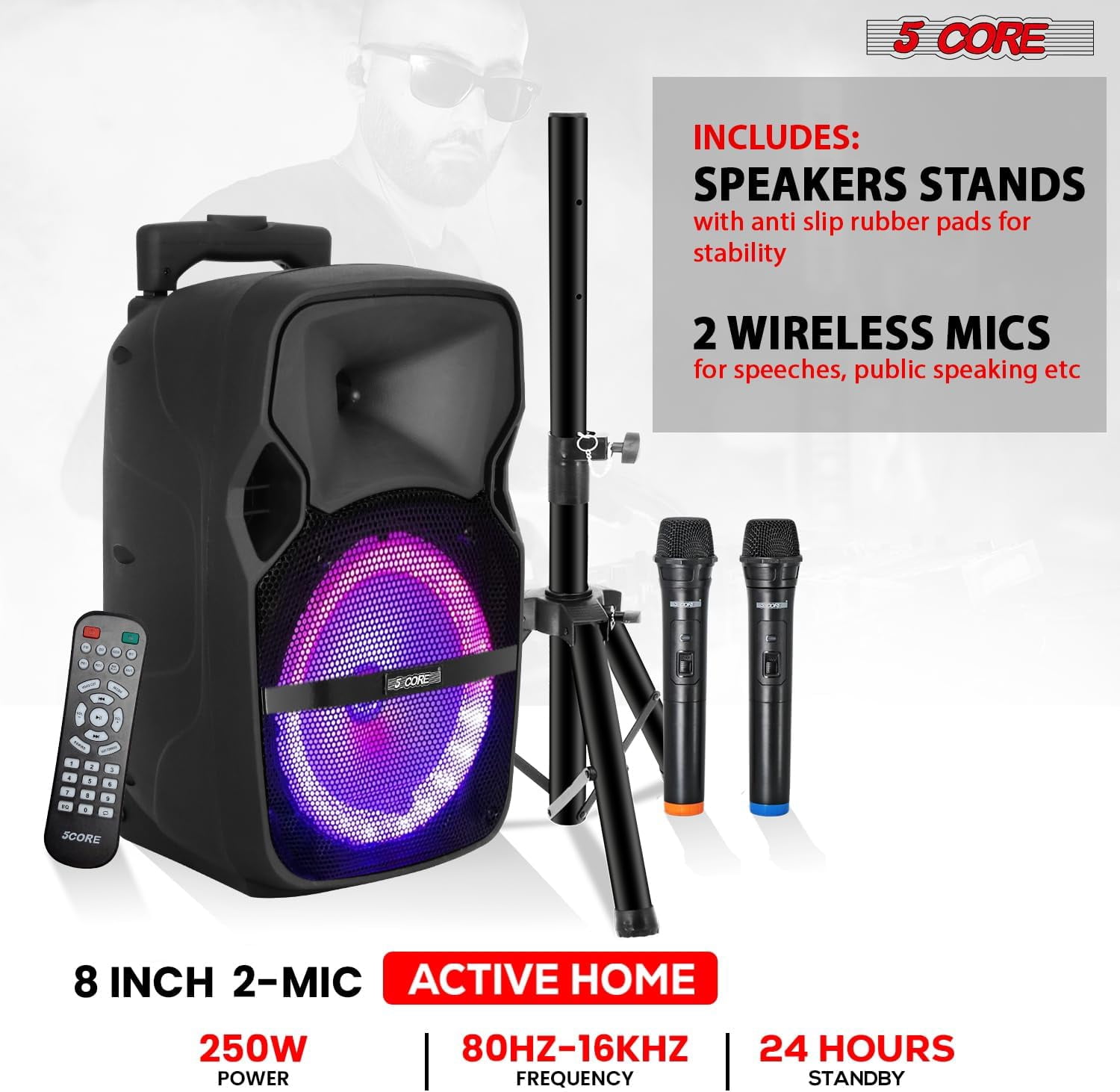 8" Portable Bluetooth Party Speaker with 2 Wireless Mics – 250W Rechargeable PA System, Karaoke Boombox & Tripod Stand for Outdoor Events