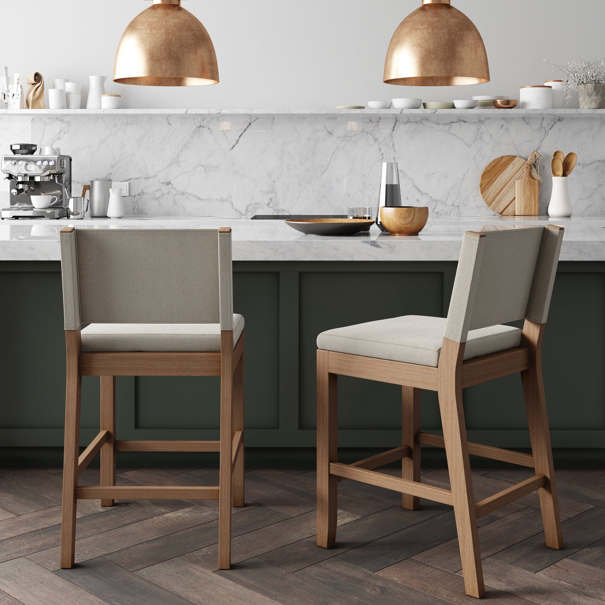Nathan James Linus Modern Upholstered Counter Height Bar Stool with Back and Solid Rubberwood Legs in a Wire-Brushed Light Brown Finish, Natural Flax/Brown, Set of 2