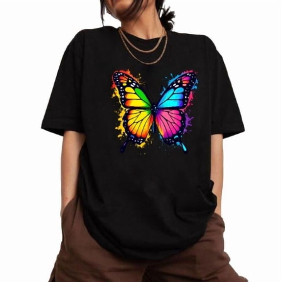 Fashion Forward Womens Butterfly Graphic Tee Shirt Short Sleeve Crew Neck Colorful Stylish Tops Black S-5XL