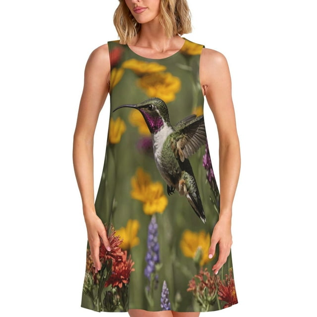 Fotbe Humming Bird Vestido de Verano sin Mangas para Mujer – Vestido Midi Línea A, Estilo Camiseta Floral, Vestido Playero Casual y Fluido