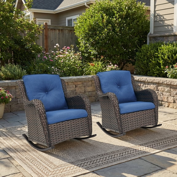 Giantfurnni Outdoor Wicker Rocking Chairs Set of 2, Patio Rocker Seating with Cushions for Porch Deck Balcony Backyard, Brown/Blue