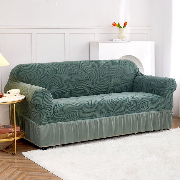 Nvzi Funda de sofá elástica para sala de estar, fácil de instalar, lavable, protector de sofá con falda, 1 pieza (verde A, 3 asientos)