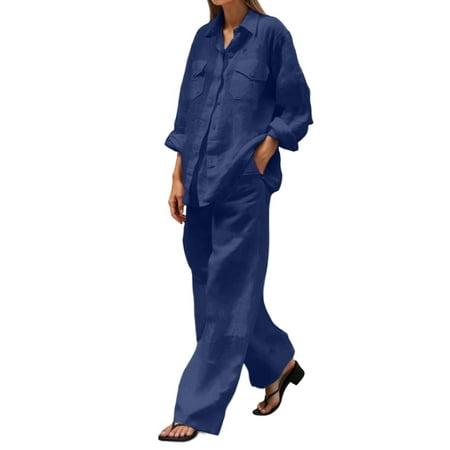 MDUKONU Women s Two Piece Set with Long Sleeve Shirt and Loose Pants Comfortable Fit Elegant Solid Design Versatile Work Dark Blue XXXXL