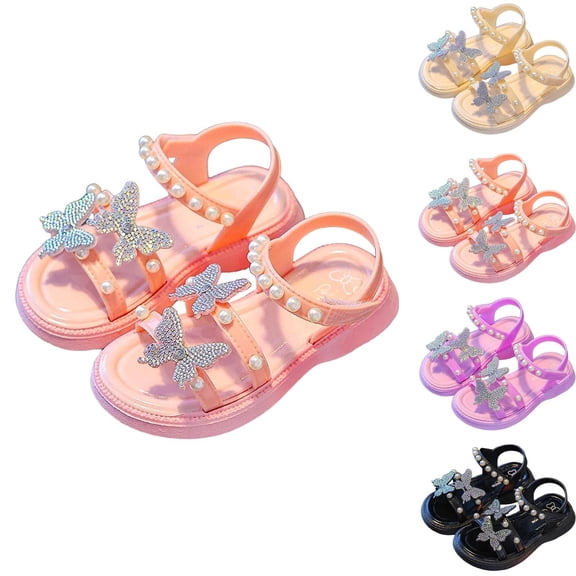 Eltusu Girls Sandals with Strap, Soft Sole Non Slip Open Toe Princess Flat Sandals Pink Size 1(Big Kids)