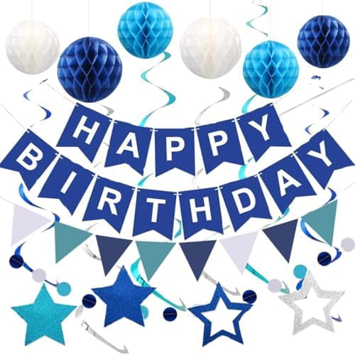 Blue Birthday Decorations, Happy Birthday Banner with Honeycomb Balls, Stars Hanging Swirl Streamers, Buntings Circle Dots Garland, Party Decorations for Women Men Boys Girls (Blue)