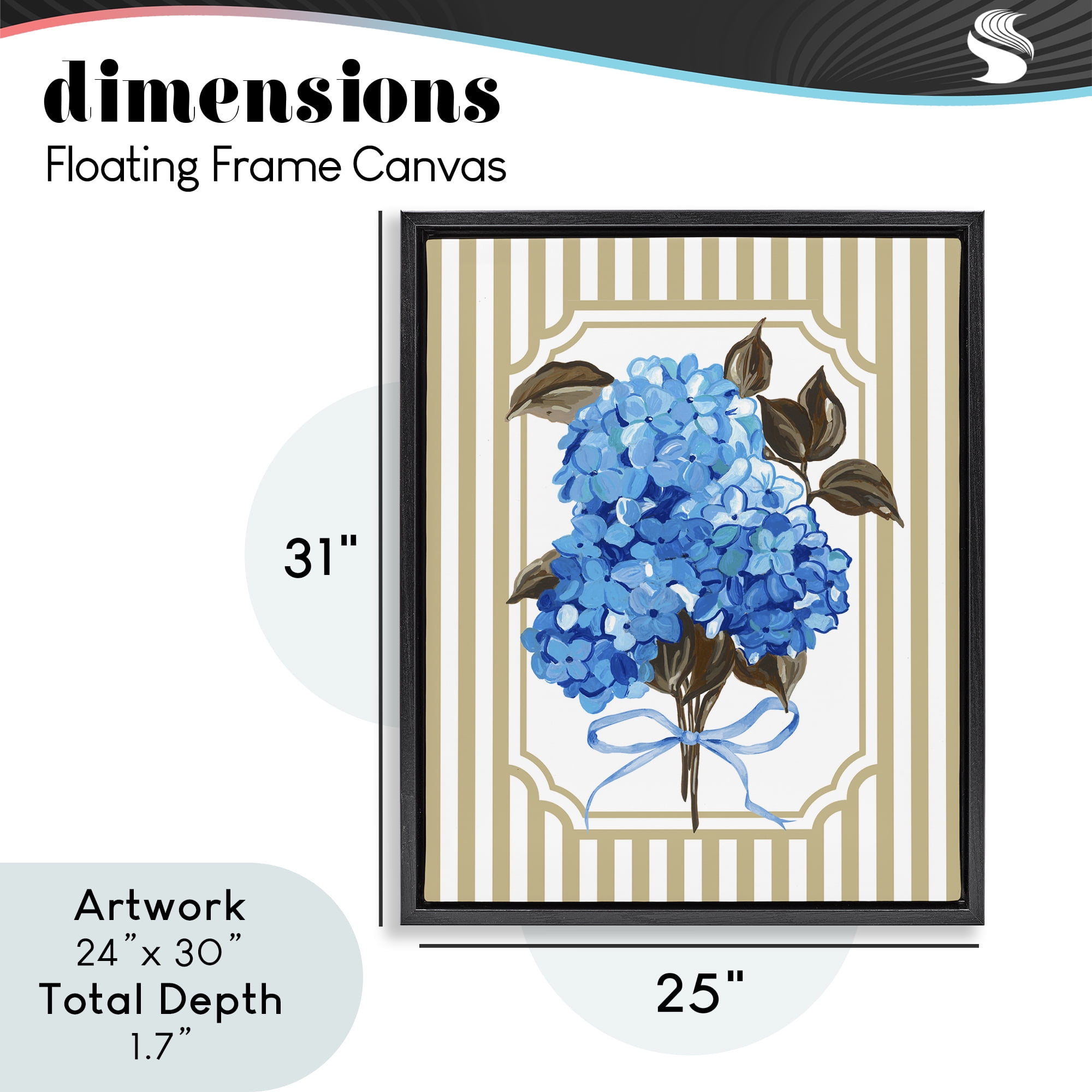 Blue Hydrangea Blossom Bow Black Framed Floater Canvas Wall Art, design by Adonna Ebrahimi