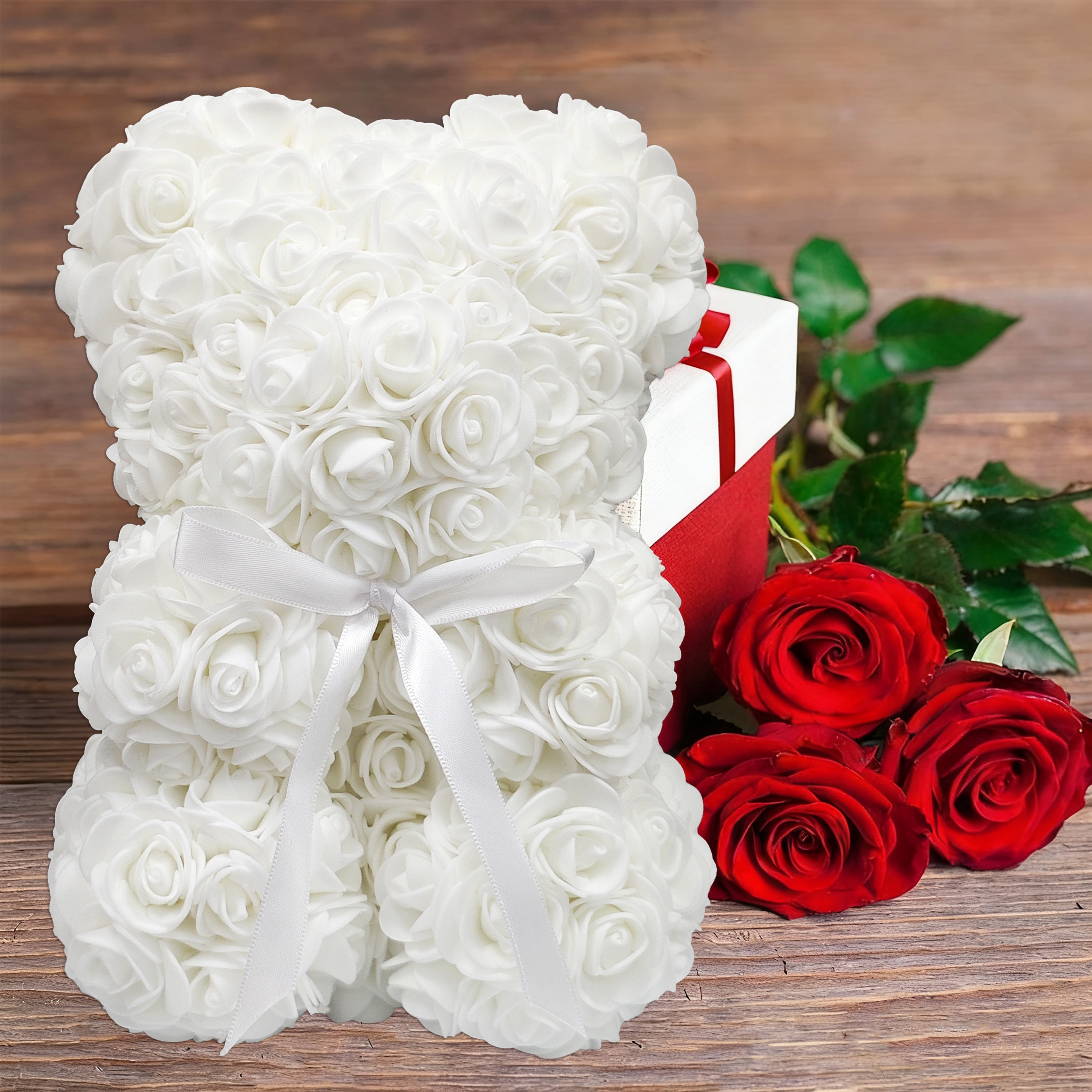 Way To Celebrate 9.25" Artificial Rose Bear Valentine's Day Gift, White Color