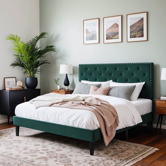 Einfach Upholstered Bed Frame with Adjustable Headboard, Delicate Velvet Cover, Green, Full Size