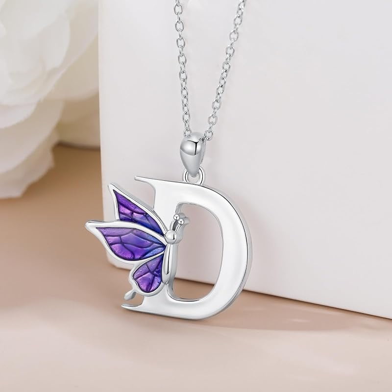 AOBOCO Initial Necklace for Women 925 Sterling Silver Purple Butterfly with A-Z 26 Letters Pendant Necklace for Graduation Gifts