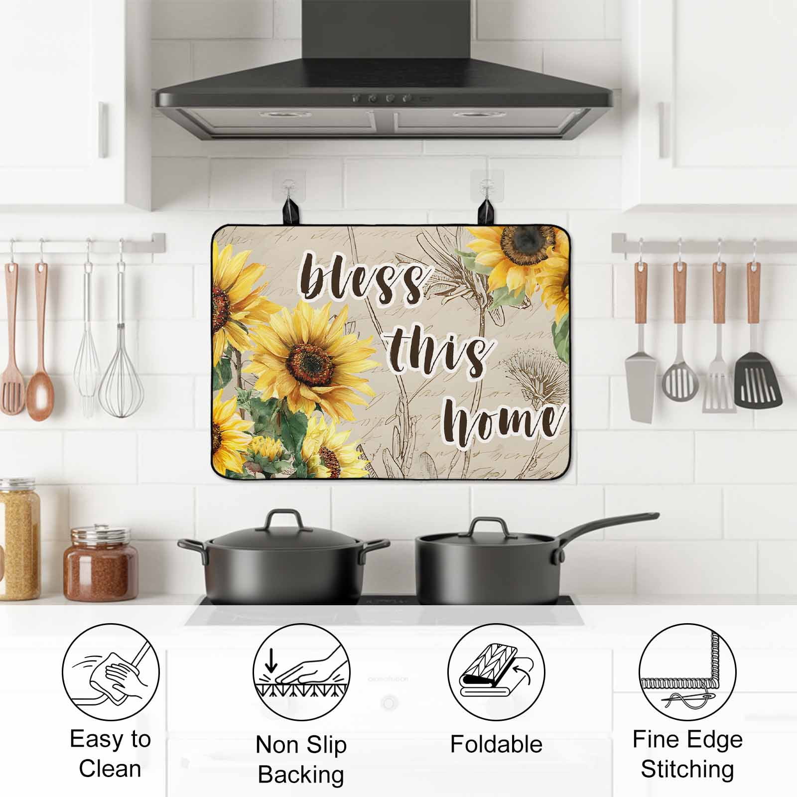 Sunflowers Stove Top Cover for Electric Stove, Heat-proof & Non Slip Glass Top Stove Cover Protector, Spring Farmhouse Flowers Dragonflies Retro Kitchen Flat Cooktop Rubber Mat 24x21 Inches