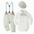 thumbnail image 2 of 6-9 Months Infant Baby Boy 3Pcs Long Sleeves Gentleman Outfit Clothes Sets With Hat 0 3 6 9 12 18 Months Formal Bowtie Romper Suspender Pants Wedding Dress Suits Newborn Outfits Set,Blue, 2 of 5