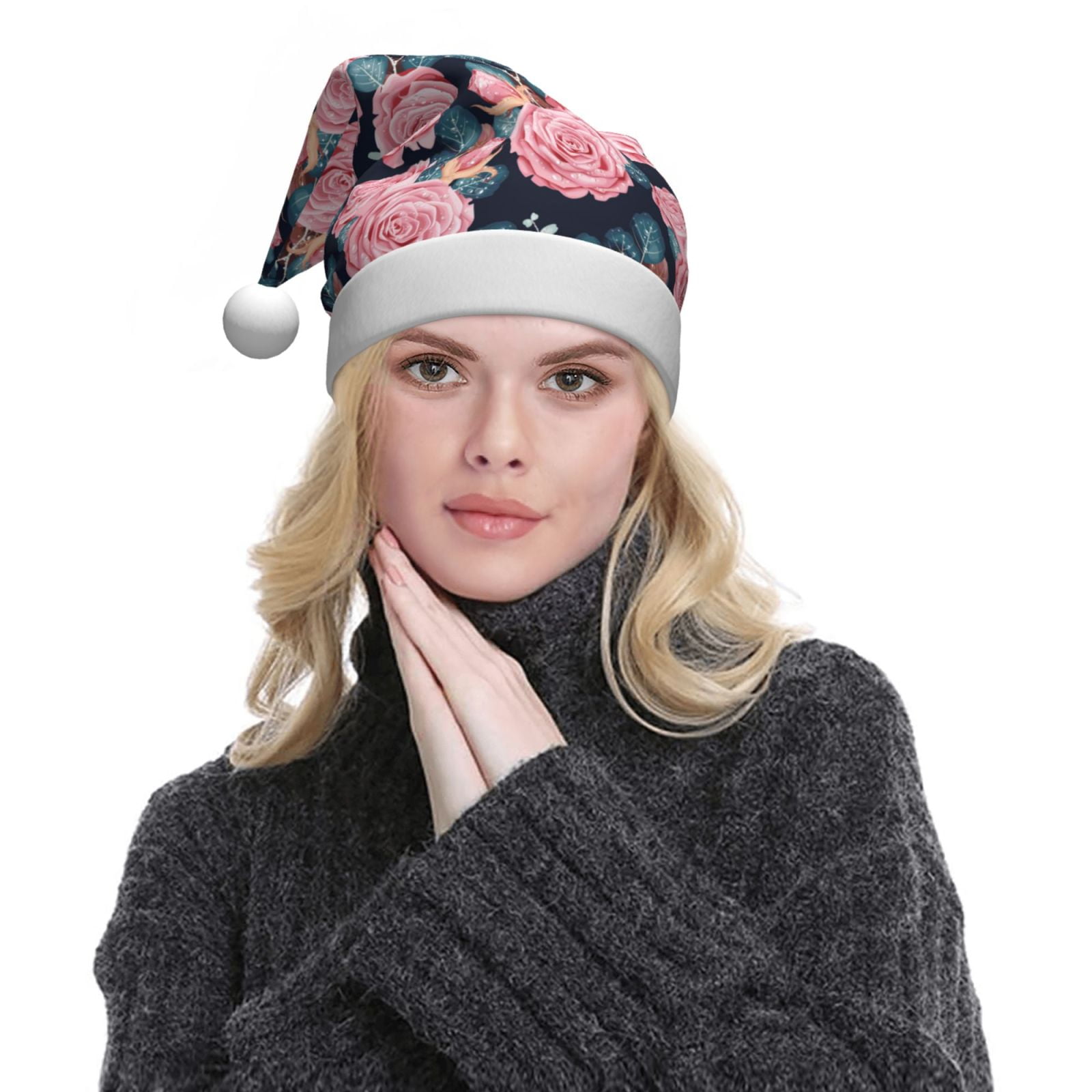 Disketp Rose Flowers Print Christmas Hat, Santa Hat, Xmas Holiday