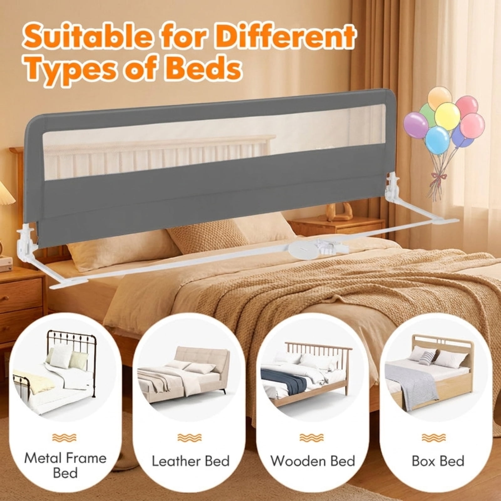 SUGIFT 71 Inch Extra Long Swing Down Bed Side Rails Guardrail with Ventilated Mesh Adjustable Safety Belt Oxford Cloth and Reinforced Steel Frame for Bedside, Gray
