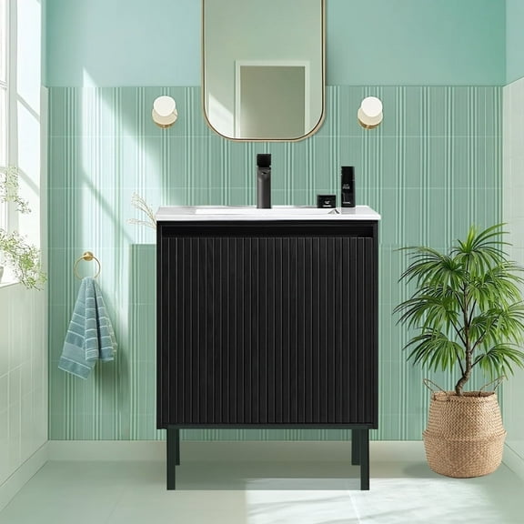 UNISOAR 24" Modern Bathroom Vanity with Ceramic Sink, Free Standing or Wall Mounted Floating Cabinet With 2 Soft Close Doors, Walnut