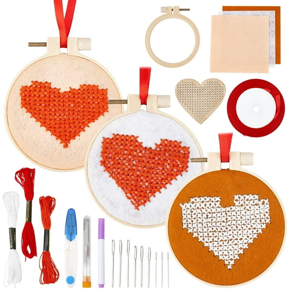 3 Set Heart Felt Embroidery Kit Heart Embroidery Set Sewing Kits for Beginners Embroidered Cross Stitch Heart Hoops Starter Kit Cross Stitch Kits