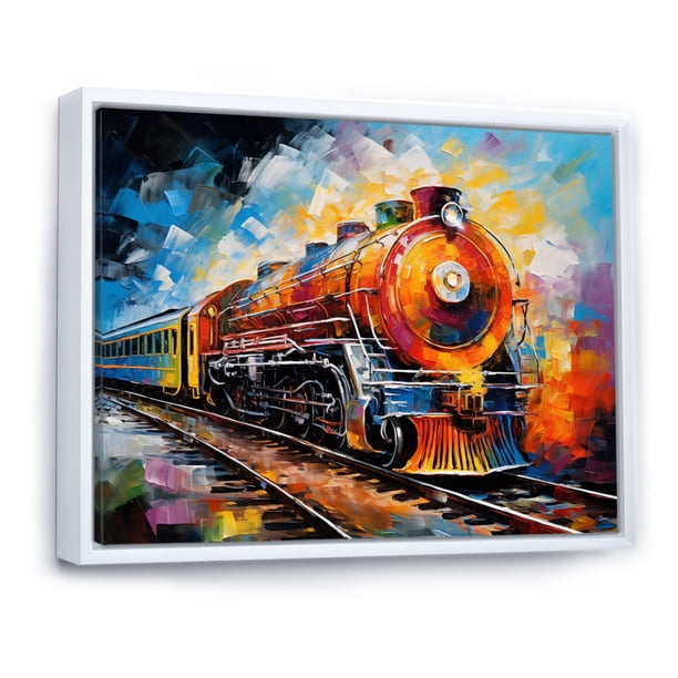 Designart Multi-Color Modern White Framed Wall Art, Train framed