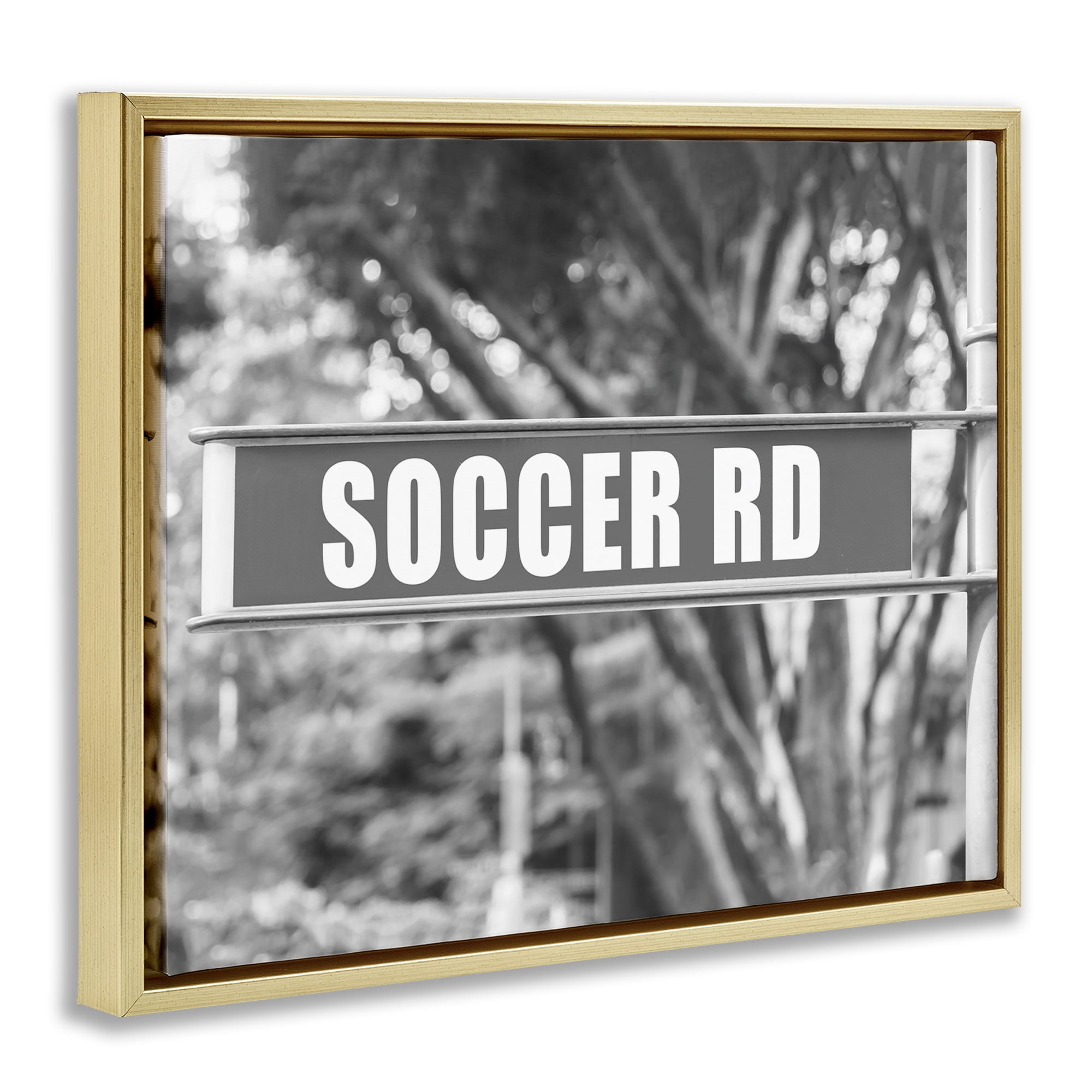 Stupell Industries Soccer Road Sign Sports Photography Gold Floater Framed Canvas Art Print Wall Art, 31 x 25