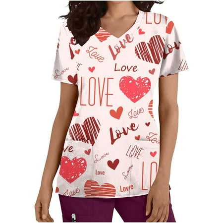 

ZQGJB Womans Holiday Scrub Tops Valentine Working Stretch Scrub Undershirt Print Cute Love Heart Patterned Scrub Uniforms Top with Pockets(Red#05 XL)