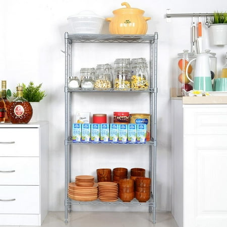 Unbrand 4-Shelf Kitchen Wire Shelving Rack Storage Organizer Adjustable Height with Side Hooks