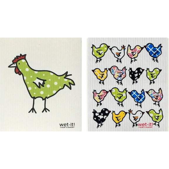 Wet-It! Swedish Treasures Dishcloth & Cleaning Cloth - Set of 2 - Spring Chicken & Little Spring Chicks - (Paper Towel Replacement)
