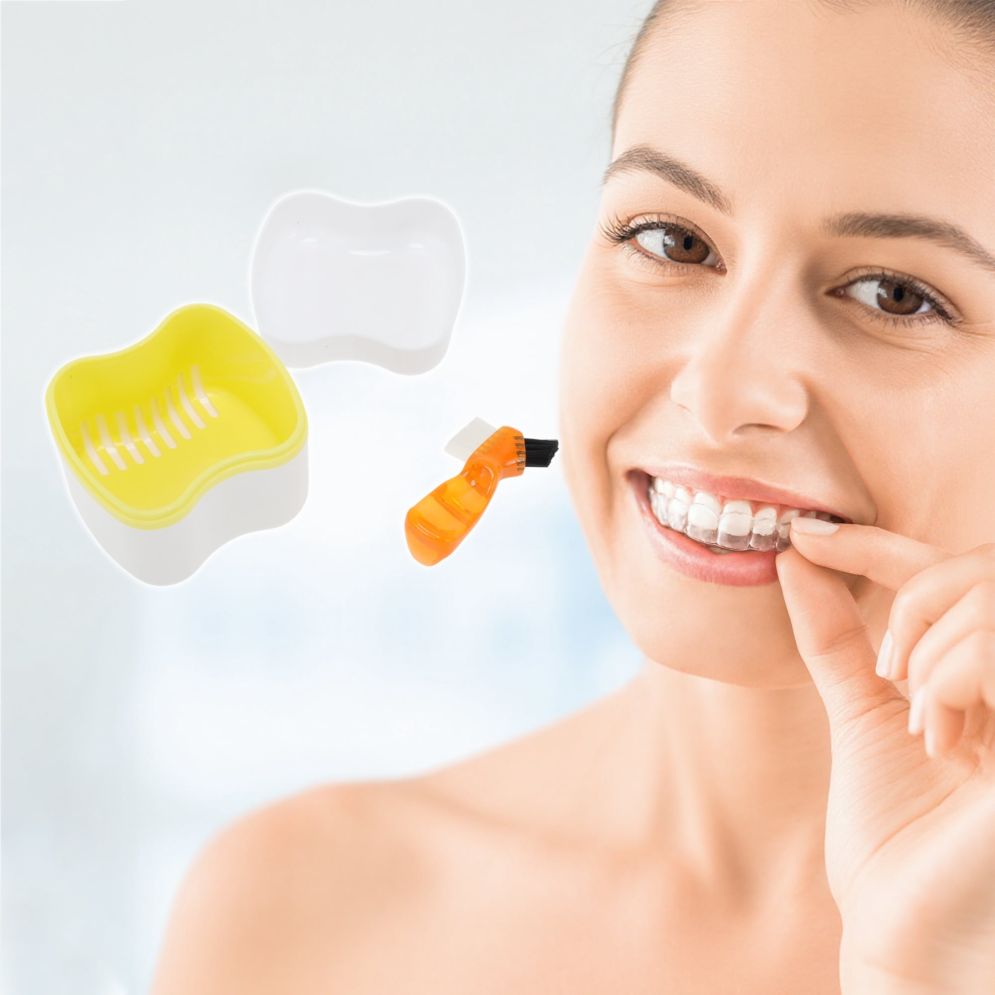 Unique Bargains Denture Bath Case Cup with Denture Cleaner Brush 1 Set Yellow, Orange