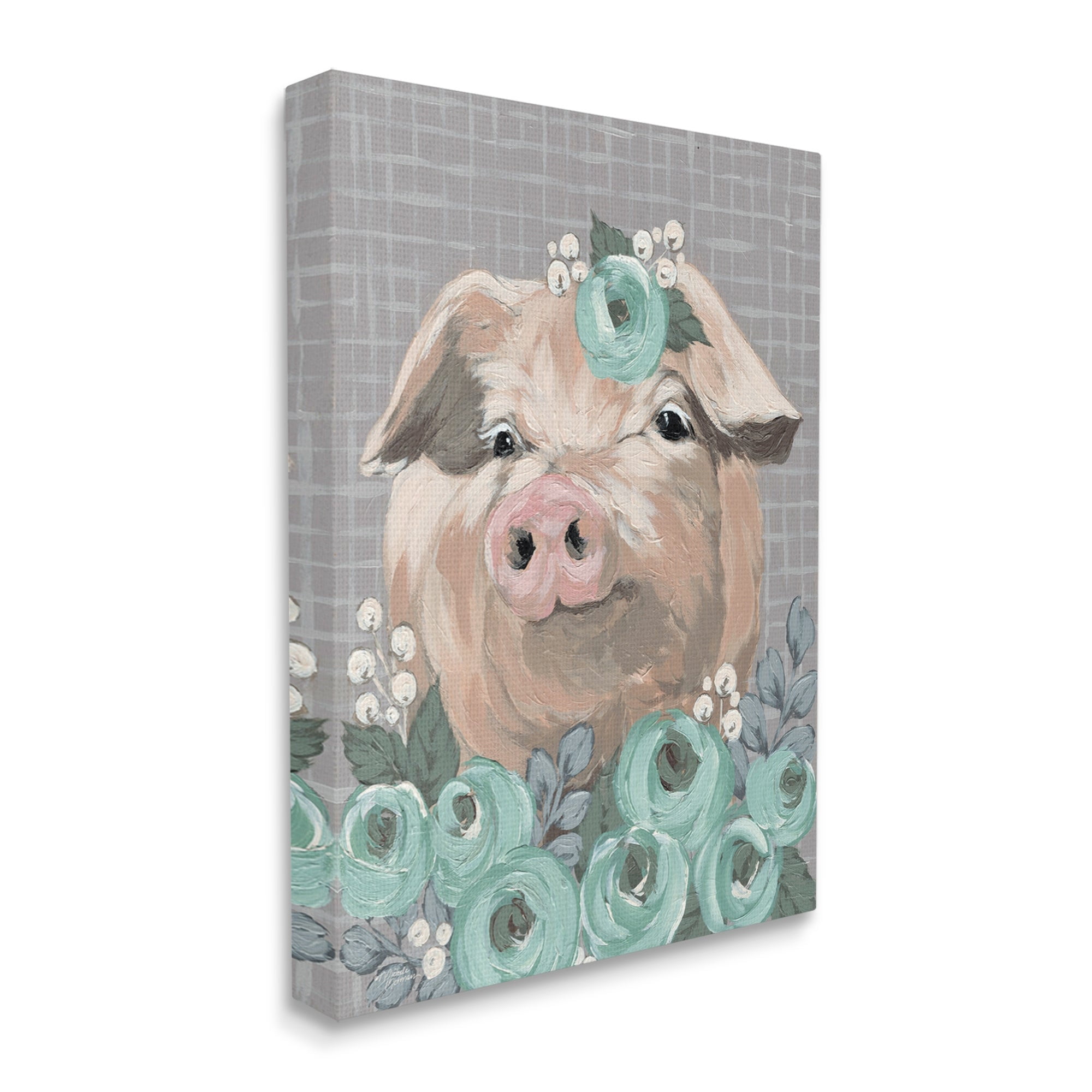 Stupell Industries Fuzzy Pig Surrounded Turquoise Flower Arrangement Pattern Painting Gallery Wrapped Canvas Print Wall Art, Design by Michele Norman