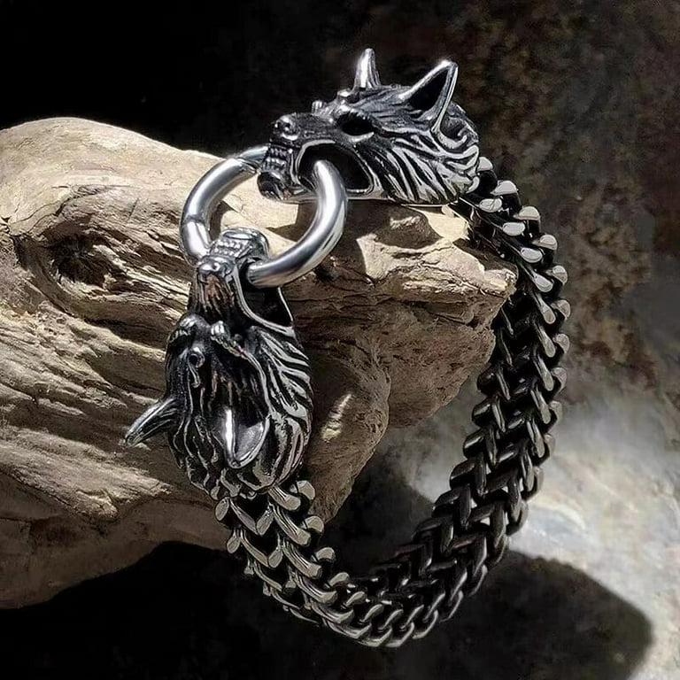Stainless Steel Nordic Double Wolf Head Bracelet Men\'s Stainless Steel Nordic Double Wolf Head Bracelet Men\'s