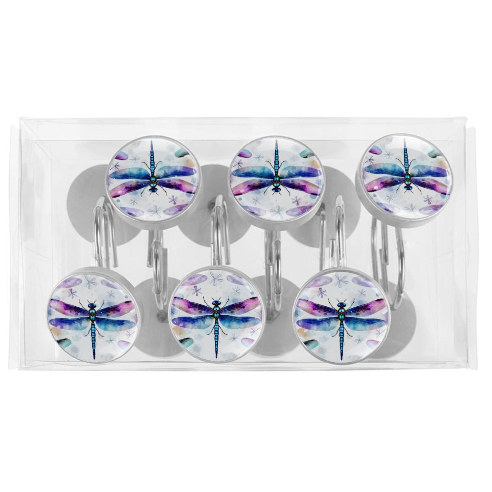Dragonfly Shower Curtain Hooks （Set of 12） for Home Hotel Shower Rods Bathroom Crystal Glass Print Stainless Steel Round Curtain Hooks