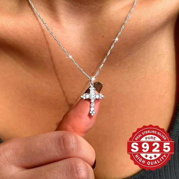 925 Sterling Silver Synthetic Zirconia Cross Pendant Necklace, Elegant & Luxurious Hypoallergenic Wave Chain Design for Casual Attire, Perfect Gift for Women on Mother's Day,1pc
