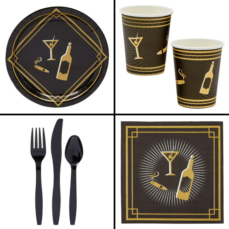 144 Piece 1920s Party Decorations - Murder Mystery Party Theme Paper  Plates, Cups, Napkins and Cutlery (Serves 24)