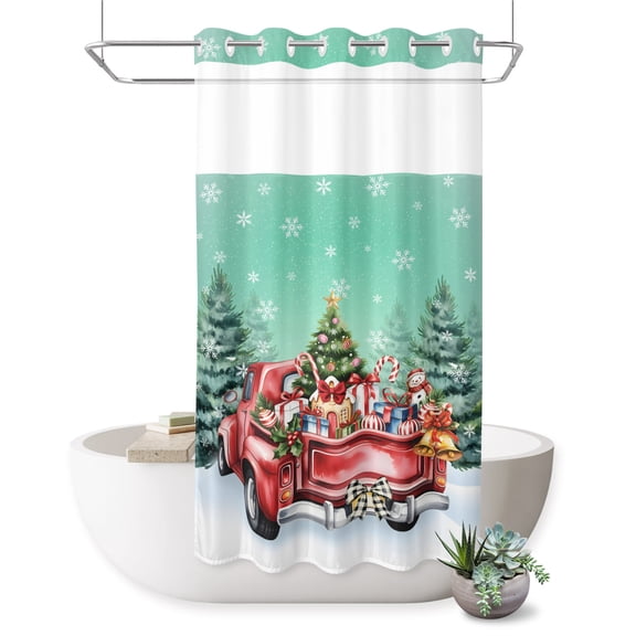 No Hook Shower Curtain, Christmas Teal Green Shower Curtains for Bathroom with See Through Top Window, Winter Xmas Tree Red Truck Snowflakes Waterproof & Washable Bath Curtain Stand Up Stall 36"x72"