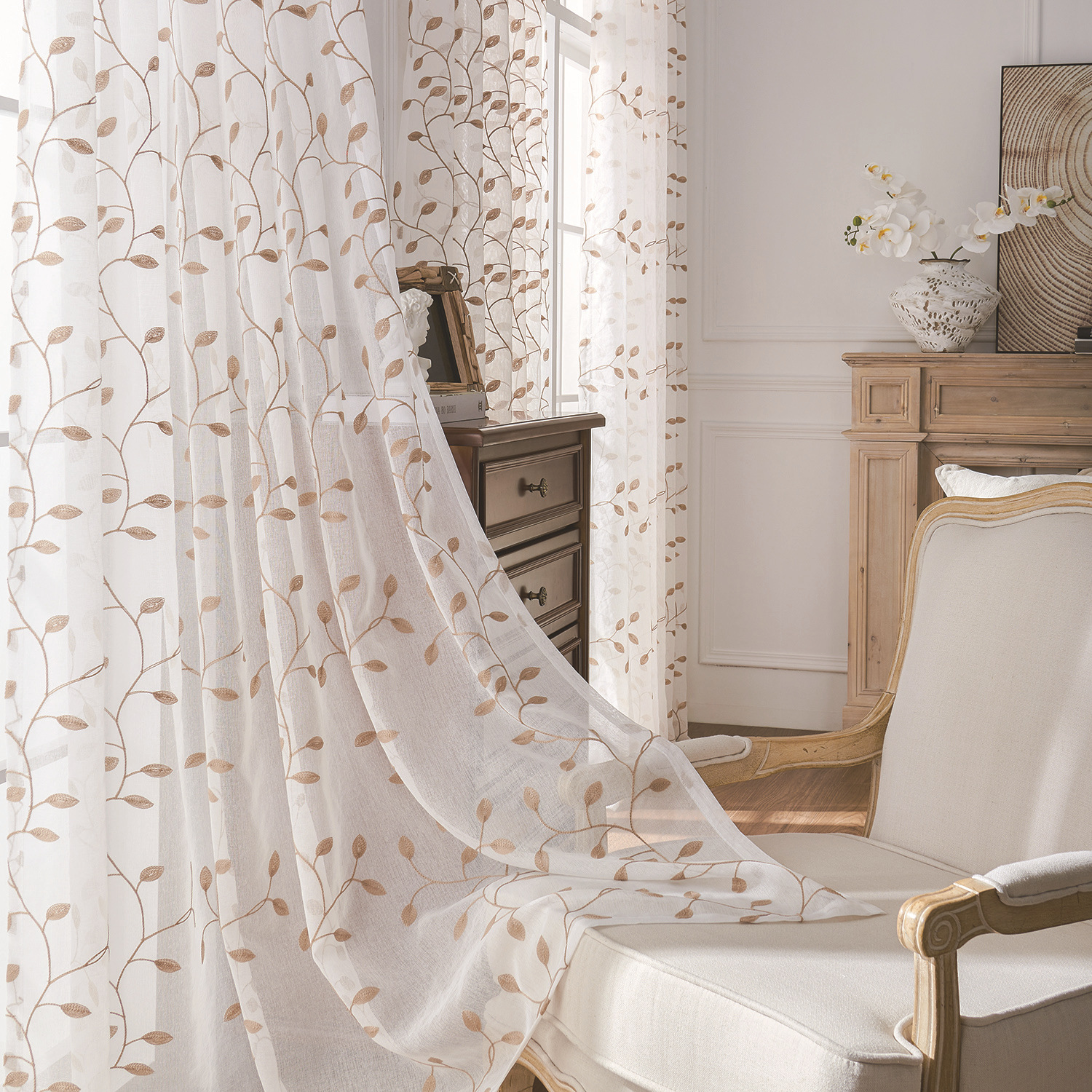 Sunyuer Leaves Short Sheer Curtains Taupe Leaf Embroidery Curtain Rod Pocket Voile Faux Linen Embroidered Leaves Curtains for Bedroom Living Room, 52W X 84L inch, Set of 2 Panels, Taupe