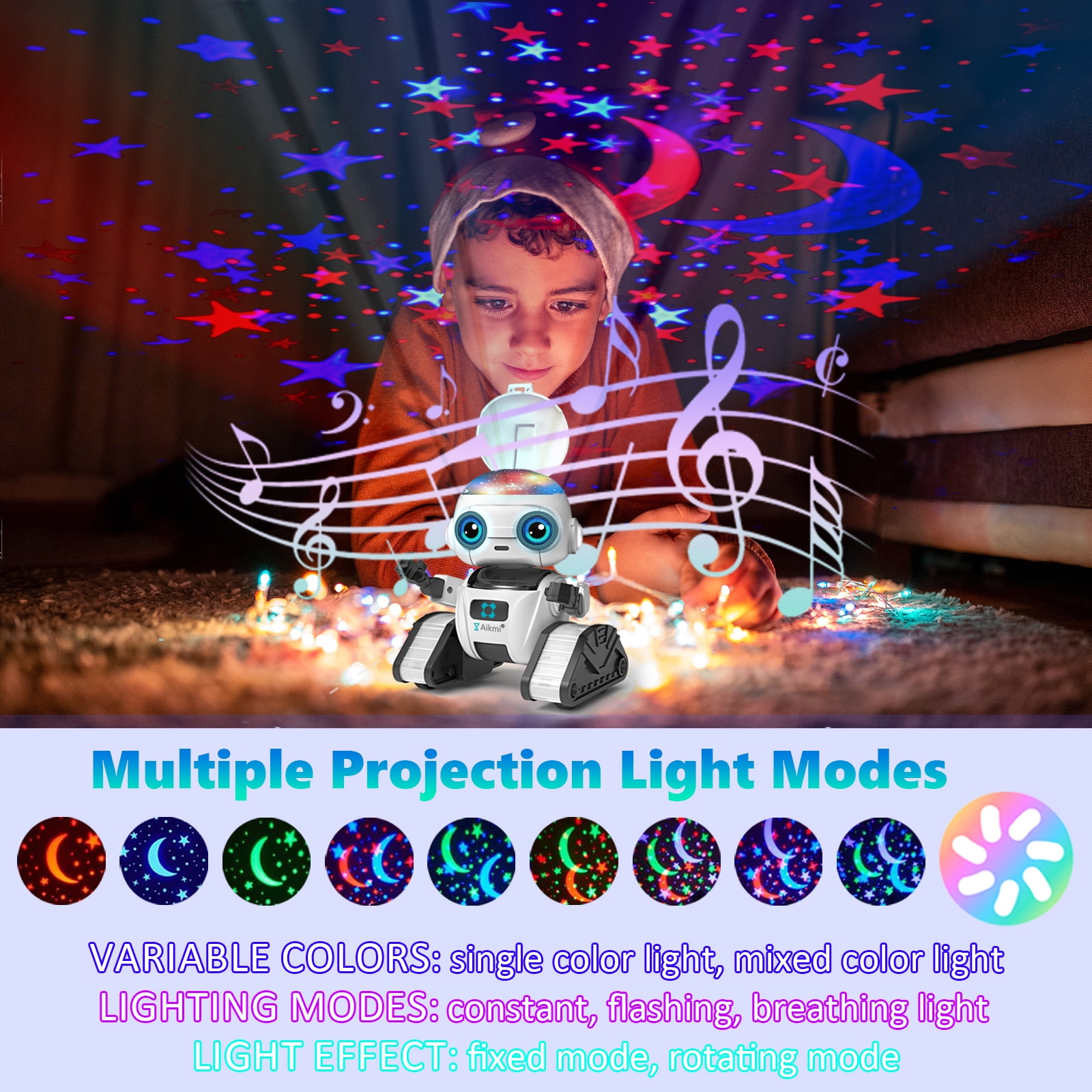 Aikmi Robot Toys for Kids 5-9, Rechargeable Remote Control Robot with Projector Night Light Gesture Sensor Music, Toys for 6 Year Old Boys Girls Birthday Present Gifts Boys Toys