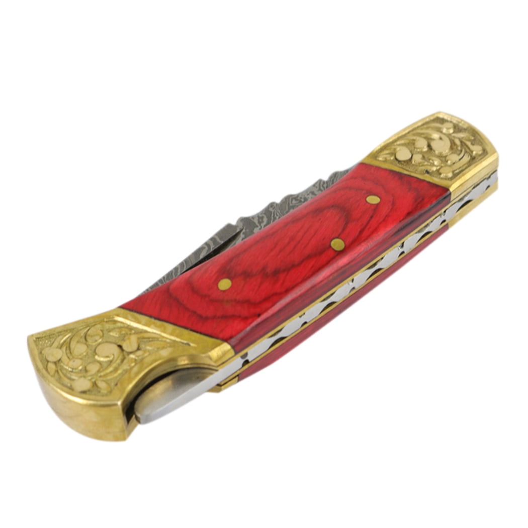 TheBoneEdge 7' Hand Made Damascus Blade Folding Knife Pakkawood Handle Red New
