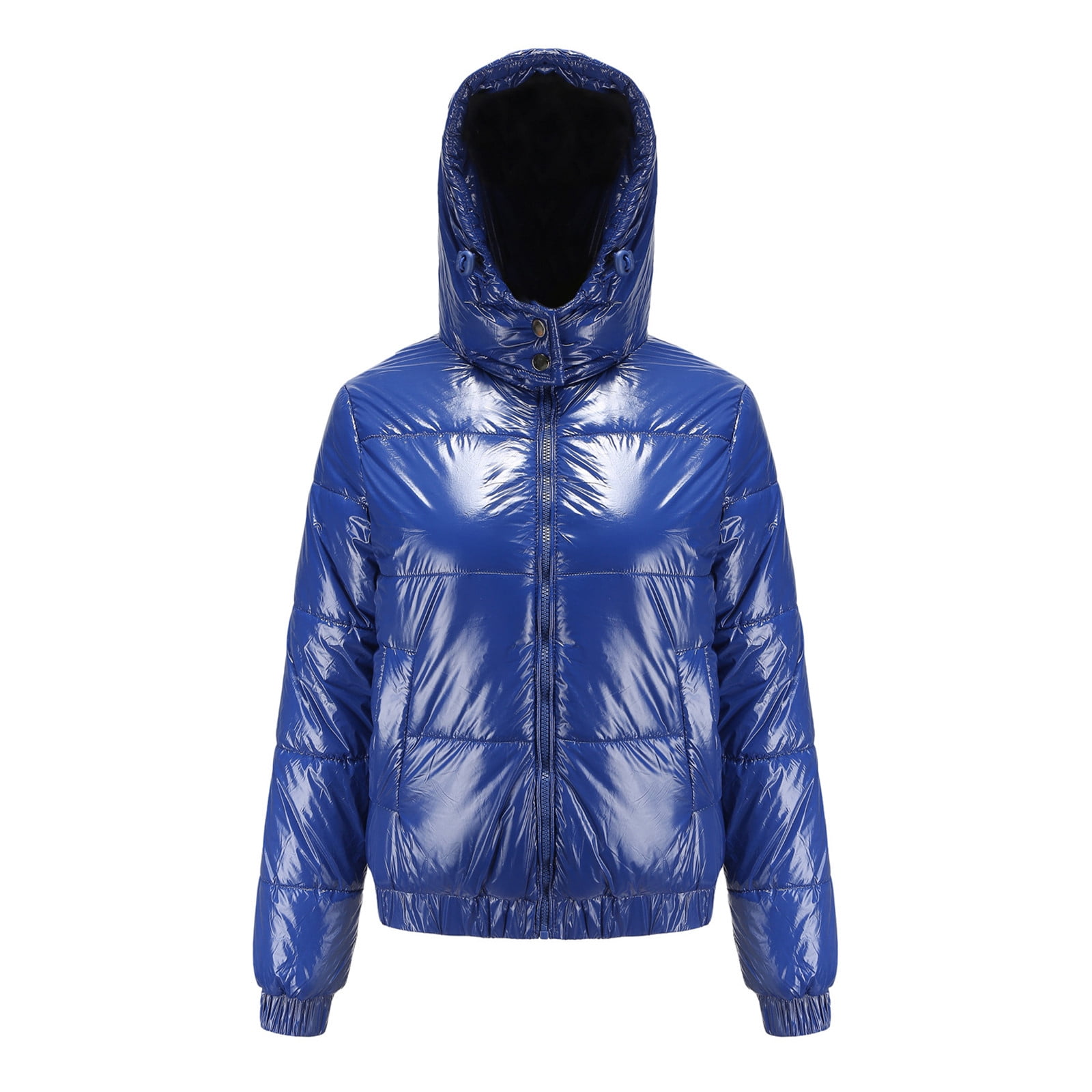 IROINID Women s Short Hoodie Puffer Coat Solid Color Long Sleeve Warm Jacket Slim Winter Coats Blue Walmart