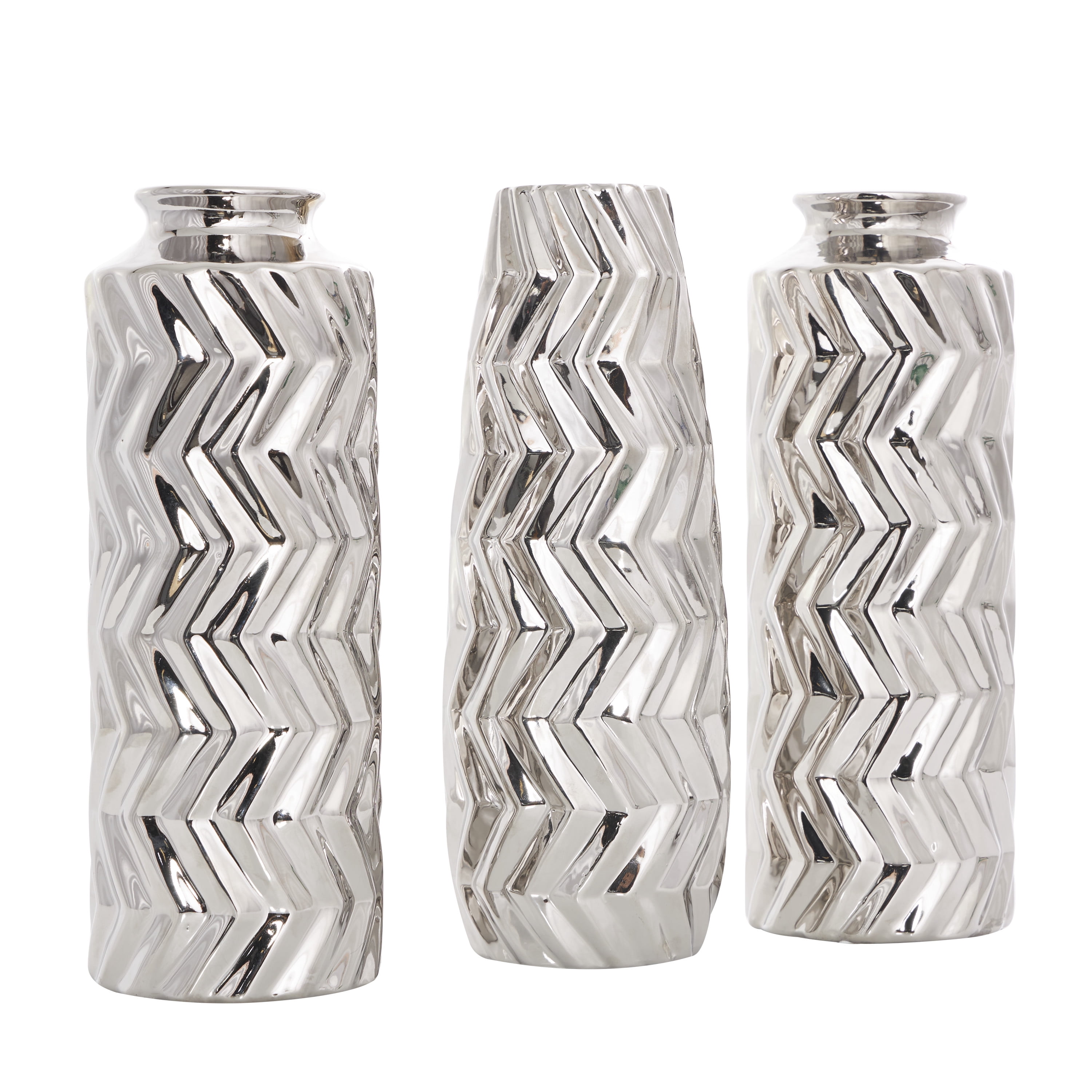 DecMode 4"W, 11"H Dimensional Chevron Textured Silver Ceramic Vase with Varying Shapes, Set of 3