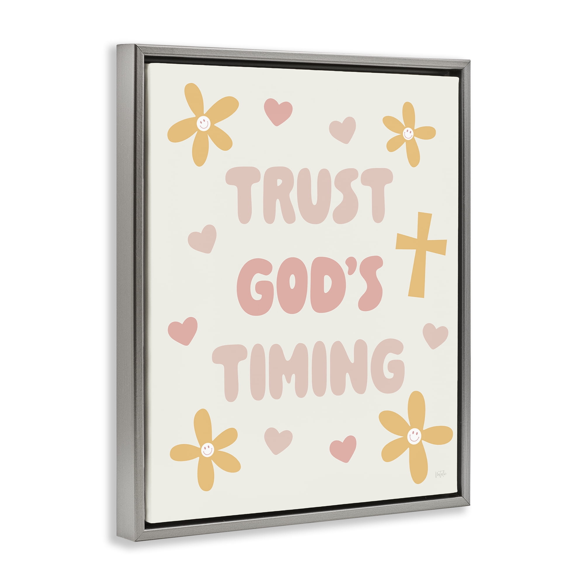 Stupell Industries Retro Trust God's Timing Gray Framed Floater Canvas Wall Art, design by Natalie Carpentieri