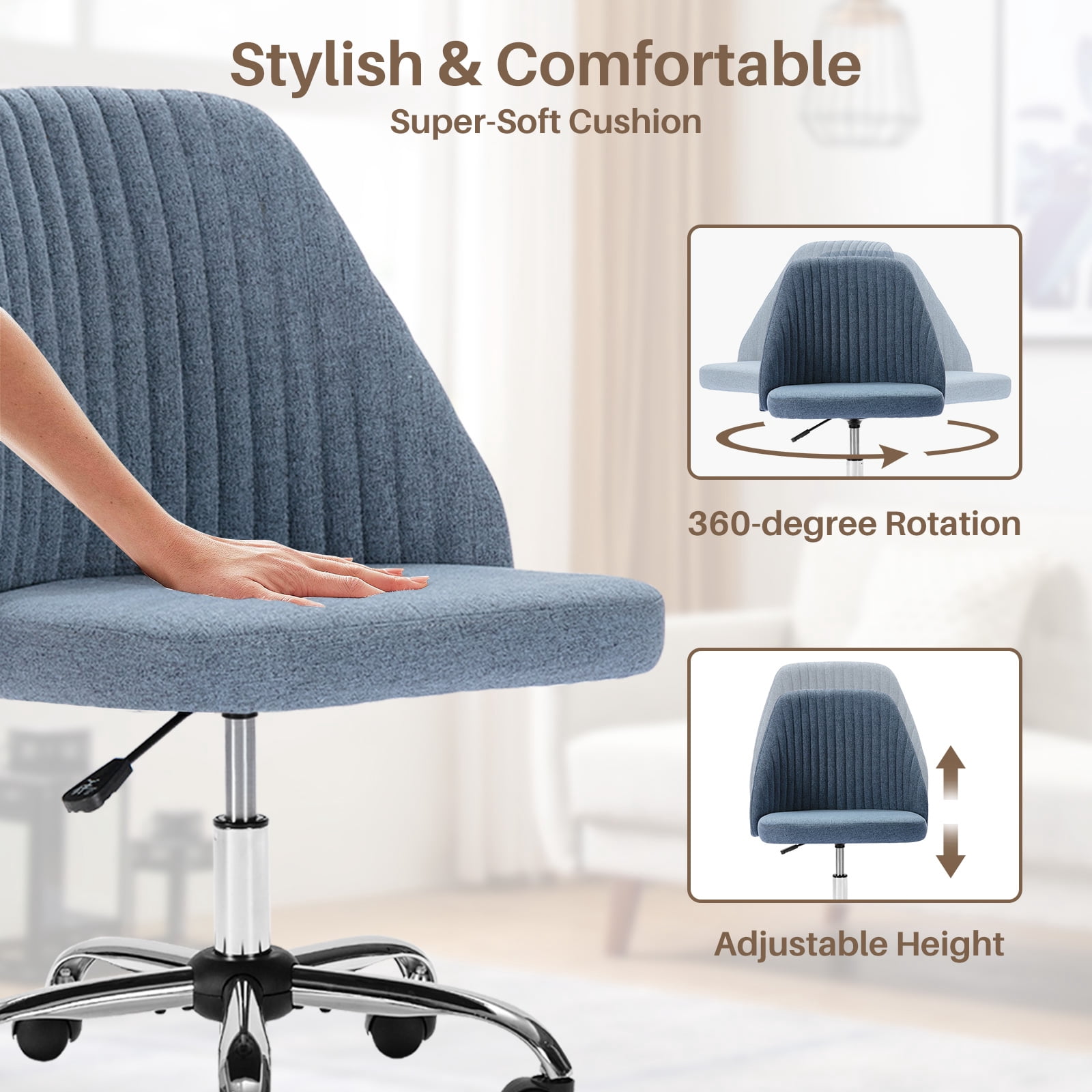 Colorful Linen Desk Chair, Comfy Thick Seat with Swivel Wheels, Armless Task Chair, Blue