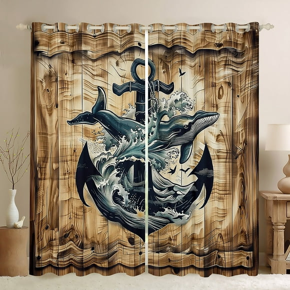 YST Nautical Anchor Curtains & Drapes Brown and Navy Blue Blackout Curtains, Marine Whale Curtains Hunting and Fishing Living Room Curtains, Rustic Farmhouse Old Barn Door Window Drapes