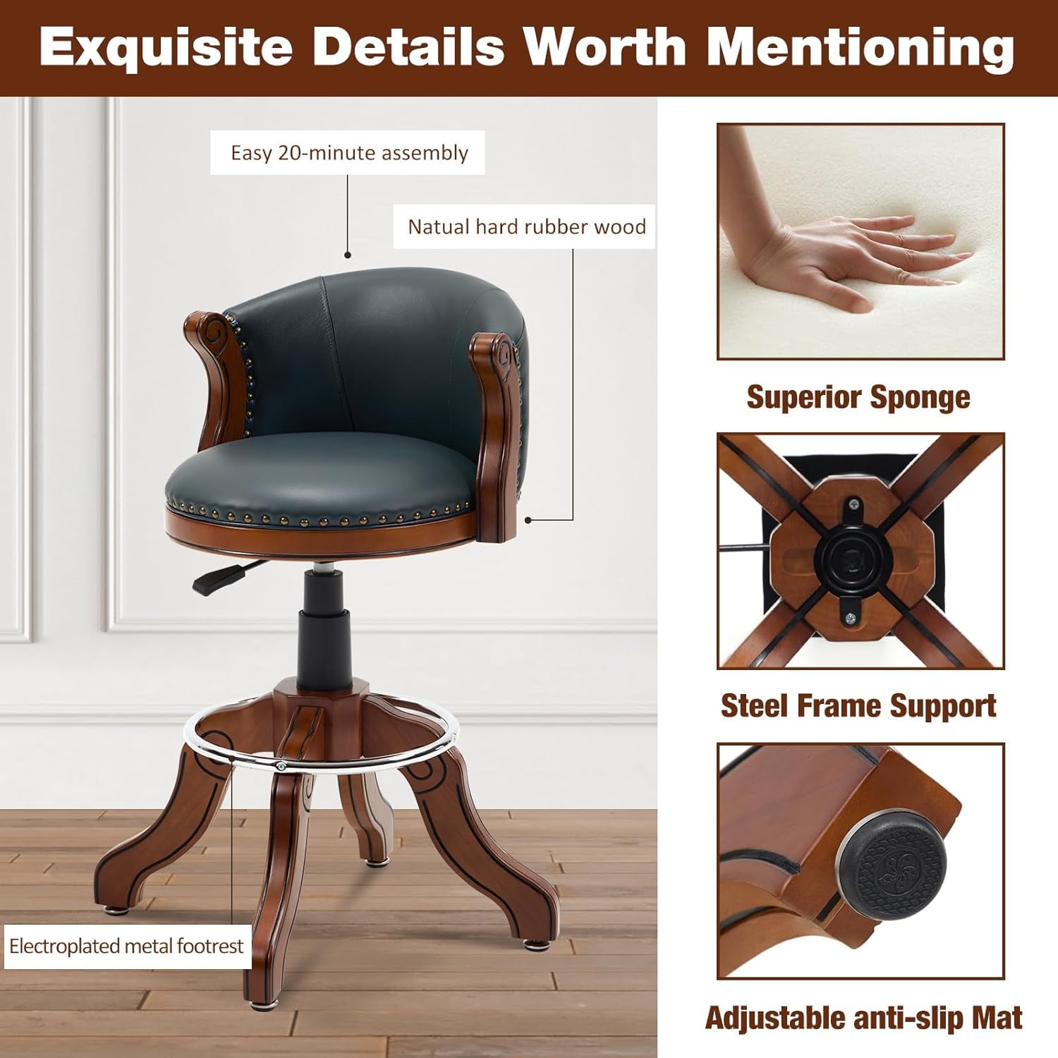 AULIFE Adjustable Height Swivel Bar Stool with Full-Grain Leather, Solid Wood Frame and Footrest–Modern Design for Kitchen Island, Counter, or Home Bar