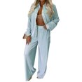 thumbnail image 1 of VISgogo Mujeres Casual 2 piezas Conjunto de ropa Color sólido Solapa Manga larga Camisas con botones con pantalones largos sueltos VISgogo moda, 1 of 9