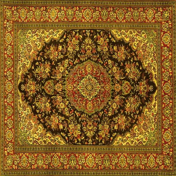 Ahgly Company Machine Washable Indoor Square Medallion Yellow Traditional Area Rugs, 5' Square